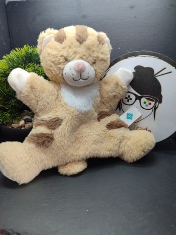 Doudou marionnette tigre tex baby peluche chat jaune marron beige blanc Rayé 