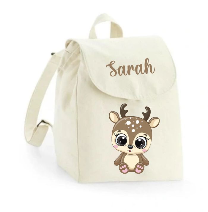Sac à dos maternelle personnalisé prénom - Faon mignon assis - Sac crèche 100% coton bio - Rentrée enfant fille - Cadeau personnalisé