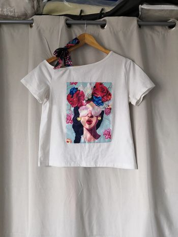 🌺T-shirt blanc imprimé avec ruban à l'épaule Shein T36/S🌺