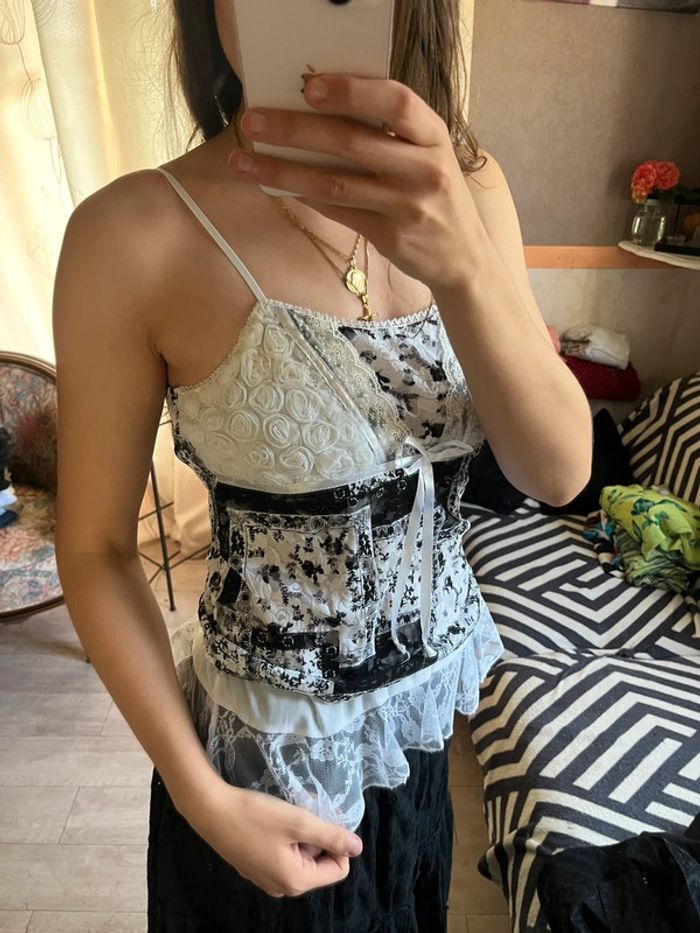 Top corset gothic coquette dentelle vintage bohème champêtre y2k - photo numéro 3