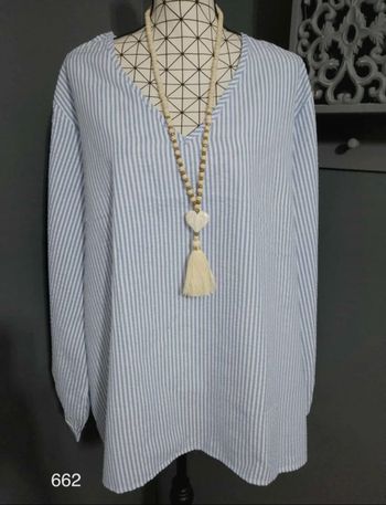 Blouse Rayée Bleu & Blanc Grande Taille 54 – Col V, Manches Longues, Élégante et Polyvalente 🌿