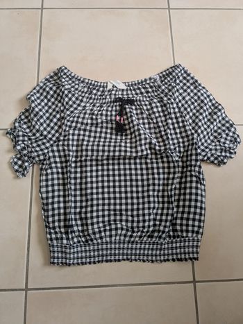 H&M top fille vichy noir taille élastiquée 12/13 ans