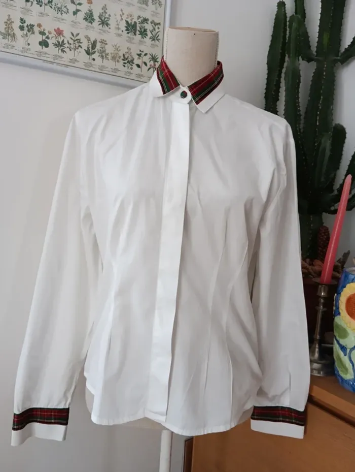 Chemise vintage blanche manches longues détails tartan - photo numéro 8