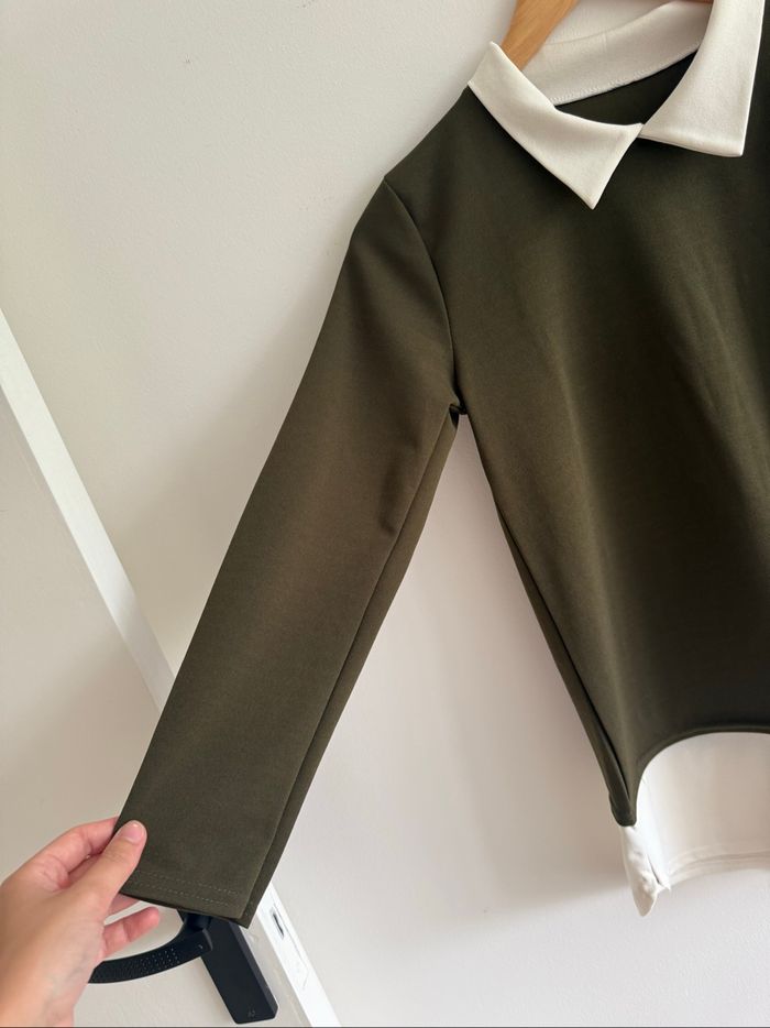 Blouse manches longues kaki blanc taille 36 S - photo numéro 2