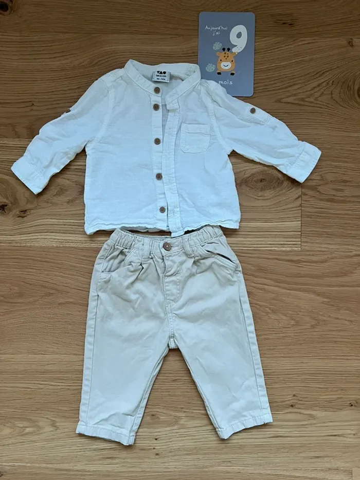 Ensemble chemise style lin col tunisien et pantalon beige