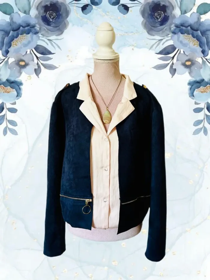 💙Veste vintage bohème 2-en-1 Carnaby mi-longue ou courte Taille 42/XL Versatile navy suede jacket💙 - photo numéro 3