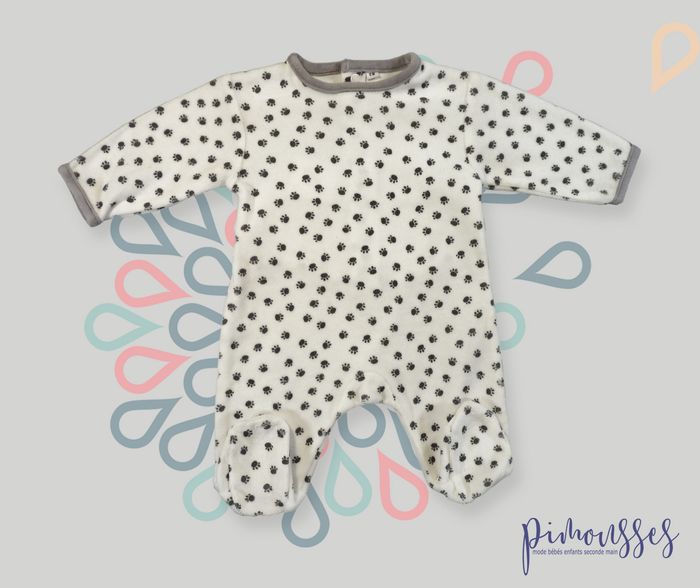 Pyjama dors-bien grenouillère velours blanc gris noir pattes empreintes Tex 0 mois 50 cm garçon