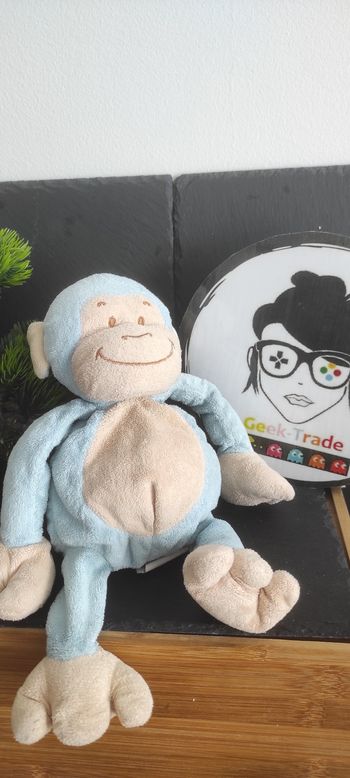 Peluche doudou singe bleu rose saumon bengy ancien pantin marron beige Jaune