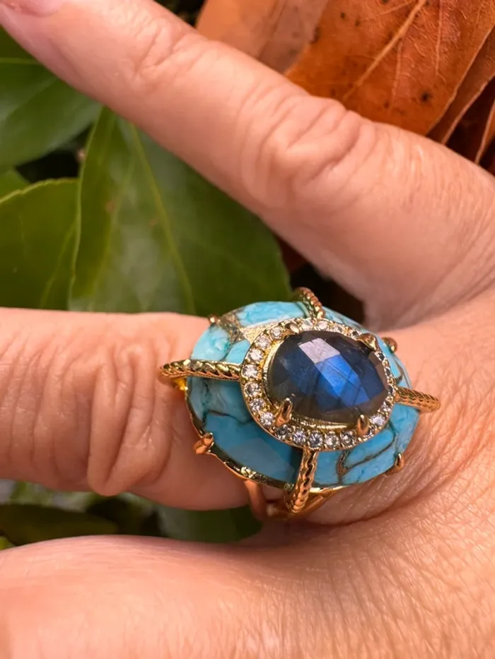 Bague habaha Paris pierres turquoise et jade bleu/reflets vert crique acier inoxydable or réglable - photo numéro 4