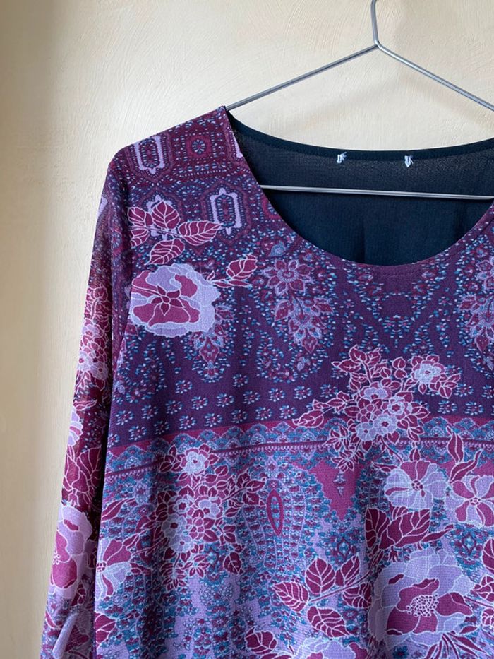 Top mesh à motifs bordeaux manches longues vintage L - photo numéro 2