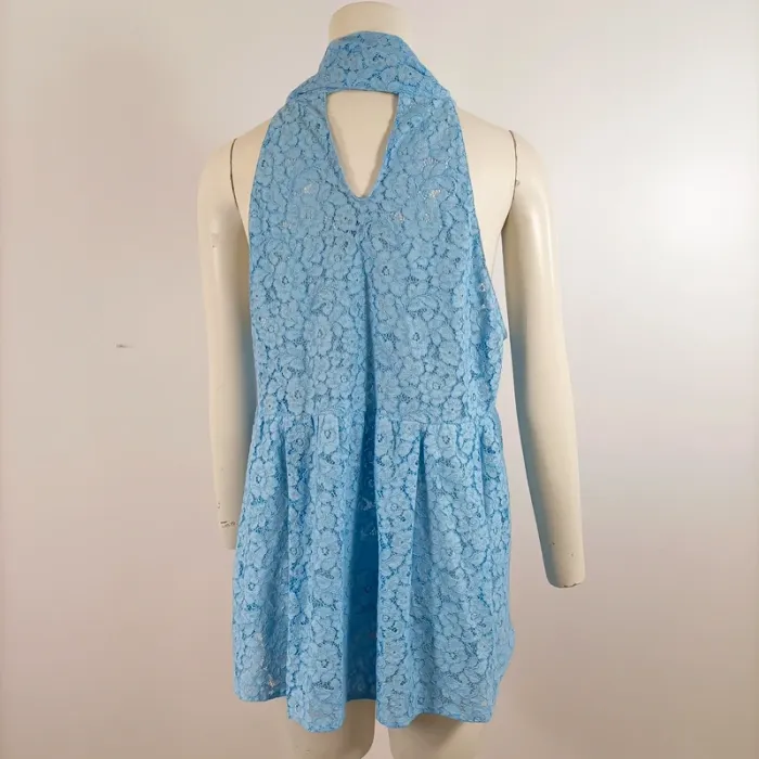 Top long tunique bleue ZARA col montant dentelle ajourée taille M sans manches mariage A1557 - photo numéro 6