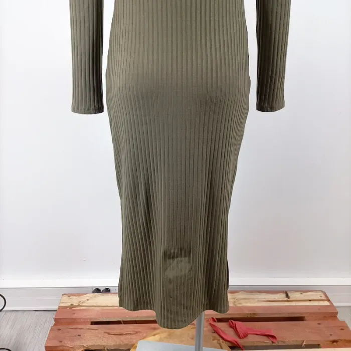 Robe moulante kaki CMT Atelier col carré côtelé, manches longues, fendue mi-mollet A1571 - photo numéro 12