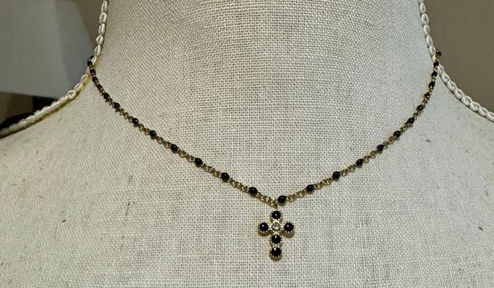 Collier chaîne réglable acier inoxydable or oetkes résine noires croix cristaux ronds - photo numéro 2
