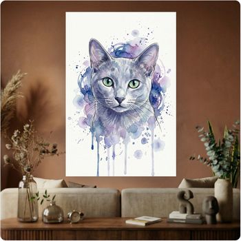 Affiche artistique “Chat gris yeux verts” aquarelle poster décoration murale A3 Sans cadre