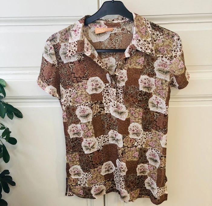 🤎 Chemise fluide légère été printemps femme vintage marron fleurs - photo numéro 3
