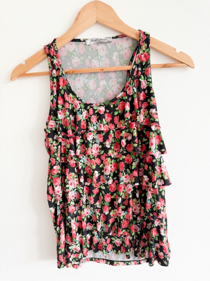 Débardeur fleuri rouge noir vert jus d’orange taille 36 S
