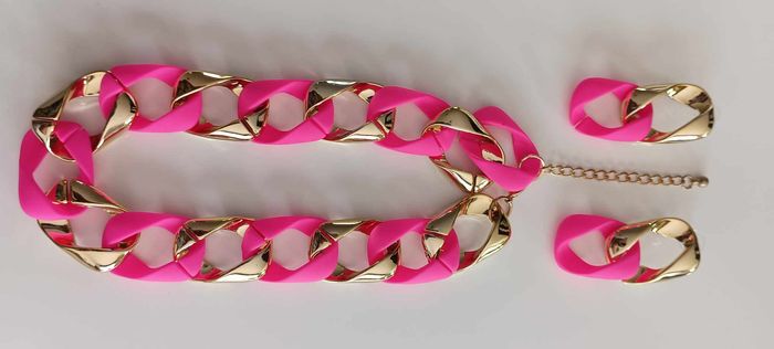 Collier et boucles d'oreilles fantaisies roses et dorés en Acrylique - photo numéro 5
