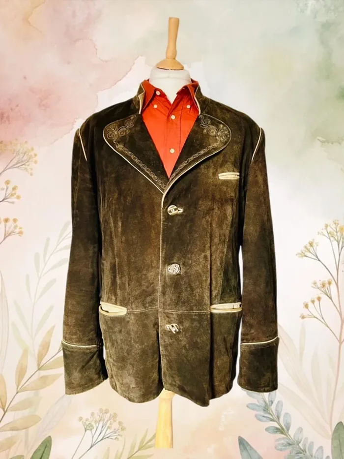 🍁 Veste daim autrichienne vintage Trachten 54/XL Cottagecore Oktoberfest Austrian leather jacket🍁