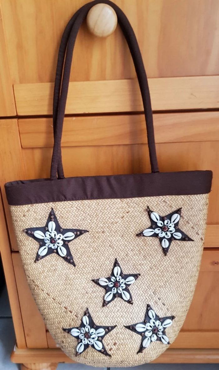 Sac de plage en paille et coquillages - photo numéro 2