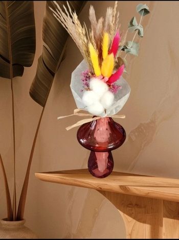 Bouquet fleurs séchées avec vase en verre 