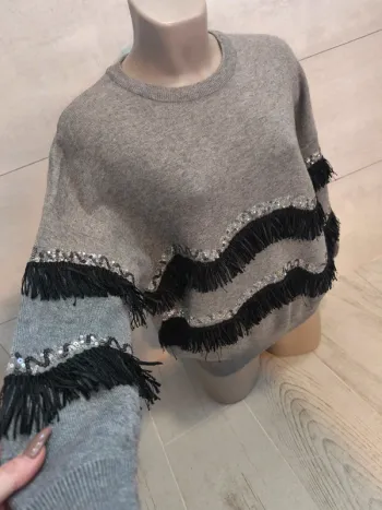 Cute grey snd black tassel detailed jumper - Paris et moi - size XXL