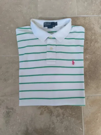 Magnifique polo Ralph Lauren homme XL blanc rayures vertes logo rose excellent état
