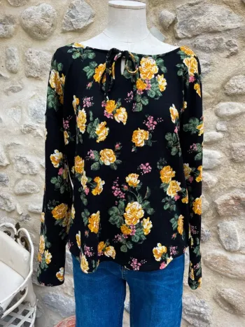 Springfield - Blouse à noeud fleurie jaune rose vert noir