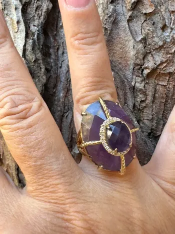 Grosse bague habaha Paris tout en améthyste série de zircons acier inoxydable or