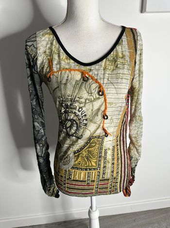 Top en mesh bariolé kaki beige Save the Queen! T40 L