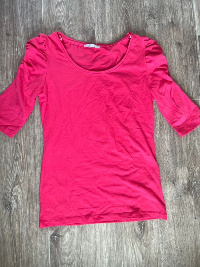 Pull col rond, manches bouffante qui arrive au-dessus du coude, fuchsia, Etam, M, 95% coton