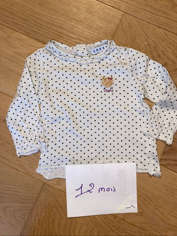 Blouse blanche à pois motif chat – Creeks – 12 mois