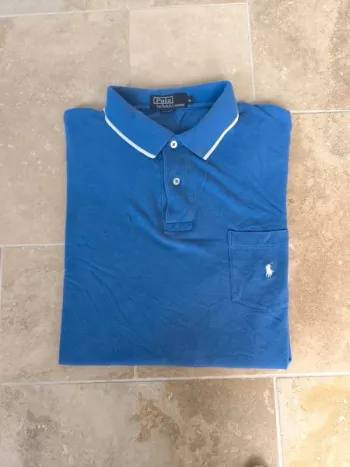 Joli Polo Ralph Lauren homme XL oversize bleu clair logo et liseraie col blanc excellent état