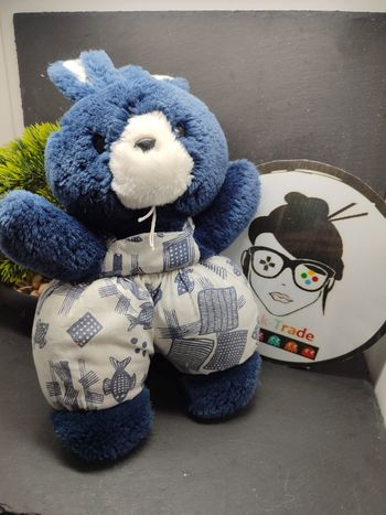 peluche nounours lapin bleu marine blanc ancien salopette poisson carré Grelot 
