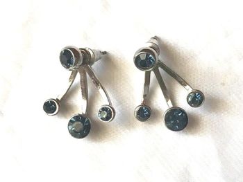 Boucles Oreilles Pied Oiseau 2 Parties Pierres Bleues Nuit Strass Bijoux Argentés Fantaisies Femmes