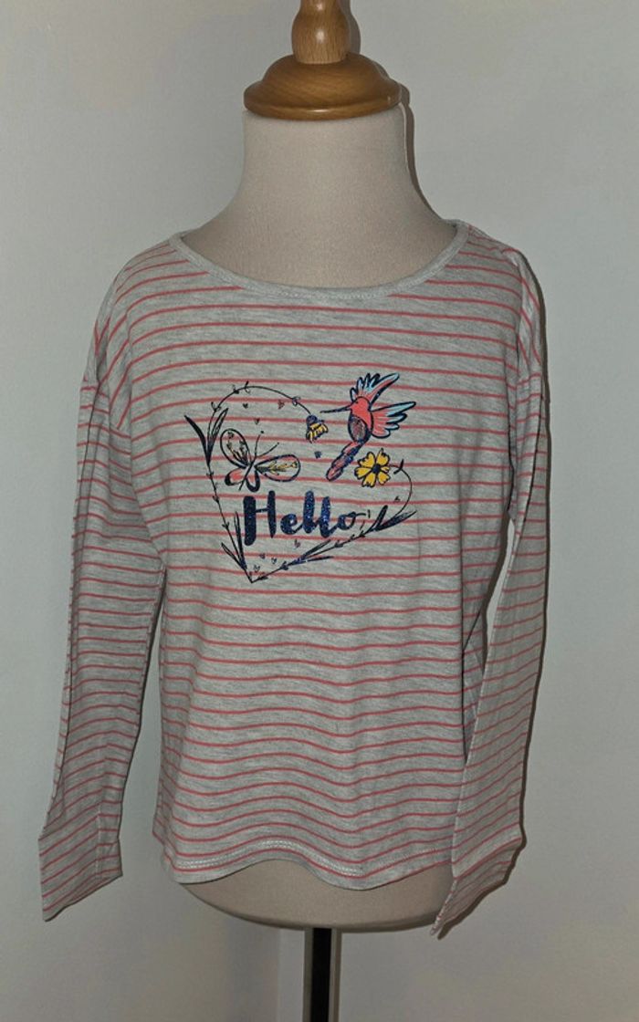 Tee-shirt rayé hello papillon oiseau colibri 8 ans