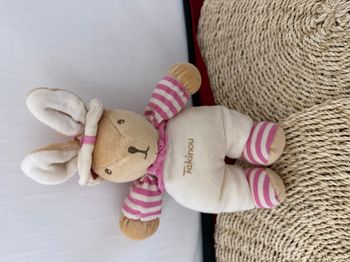 DOUDOU PELUCHE TAKINOU LAPIN rose blanc chapeau rayé grelot 22cm+oreille 