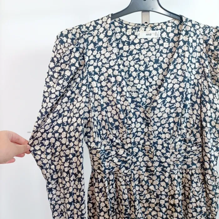 Robe longue bleue écru fleurie Mango Taille XS Manches longues A818 - photo numéro 6