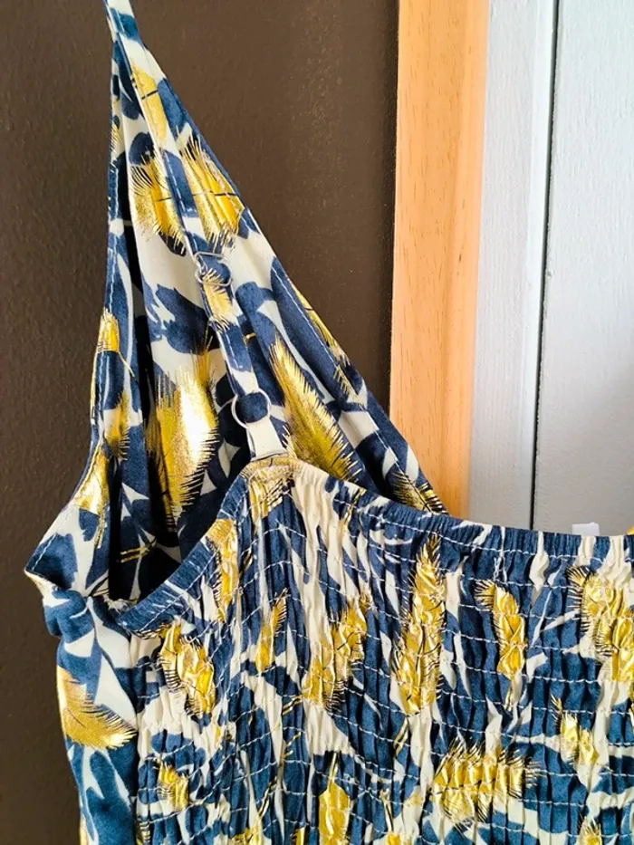 Robe longue imprimée tropicale bleue marine et beige femme 40/42 - photo numéro 3