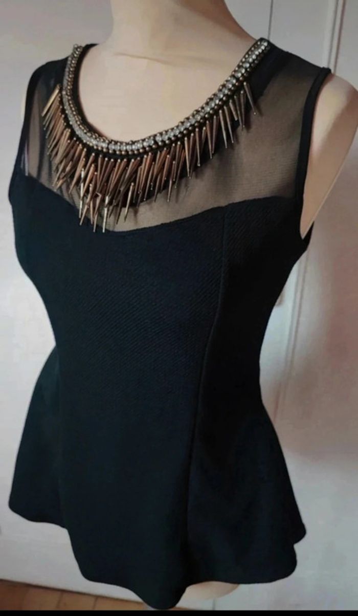 💎haut top sexy cintré évasé péplum avec encolure bijoux rare 2000 y2k noir et doré