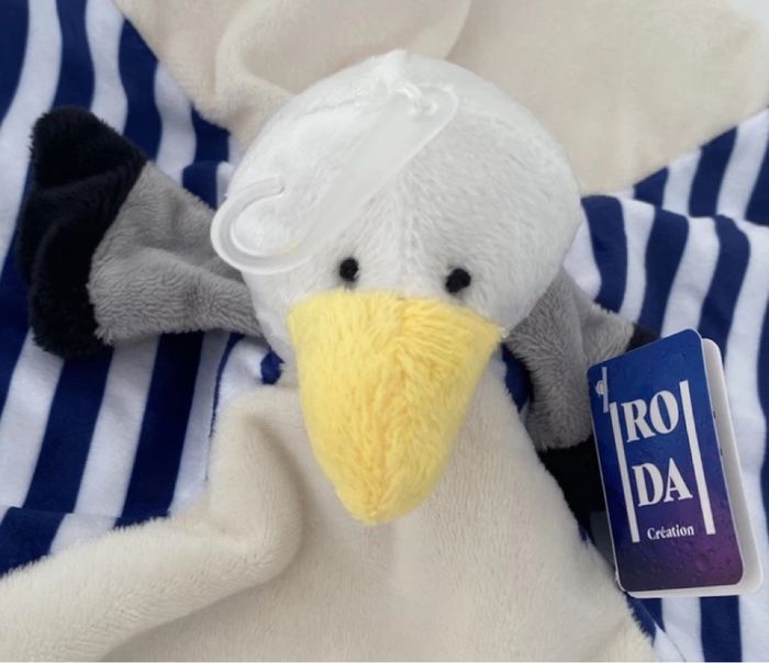 ❤️B5141 Doudou Plat Mouchoir Oiseau Mouette Roda Rodadou Beige Bleu Rayé Blanc - photo numéro 2