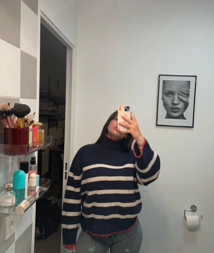 Pull hiver marinière col roulé rayures rouges bleu blanches - photo numéro 5