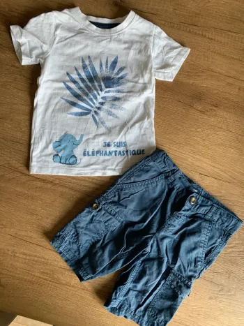 Ensemble 2 pieces été t-shirt mc short Kiabi mot d’enfant éléphant 3 ans parfait état