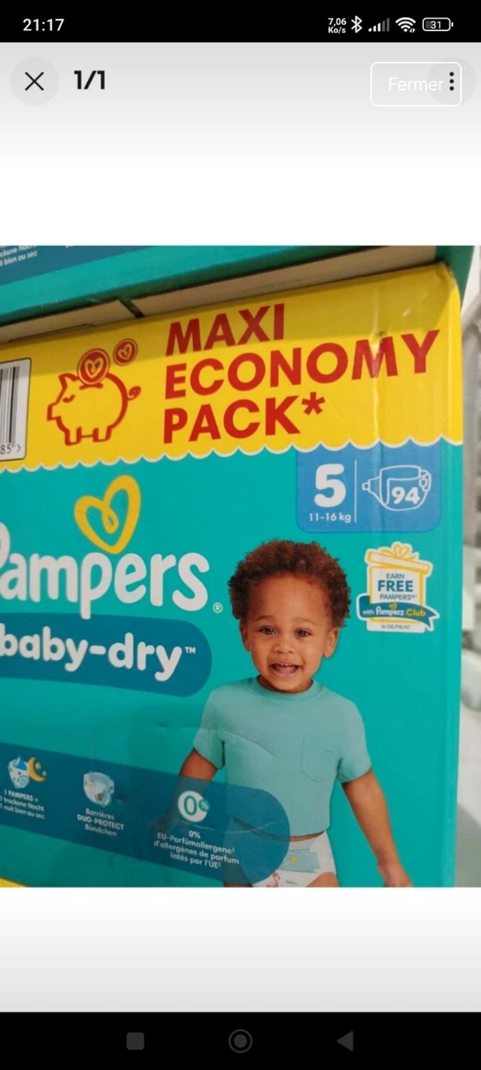 Pampers 94 couches taille 5 baby dry neuf