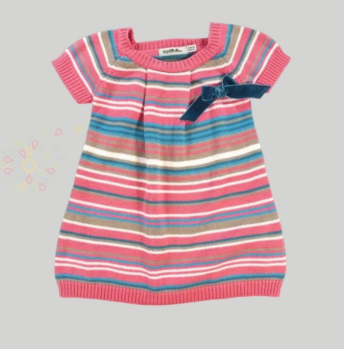 Robe manches courtes tricot rose bleu marron rayures Tape À L'oeil 3 mois 60 cm fille
