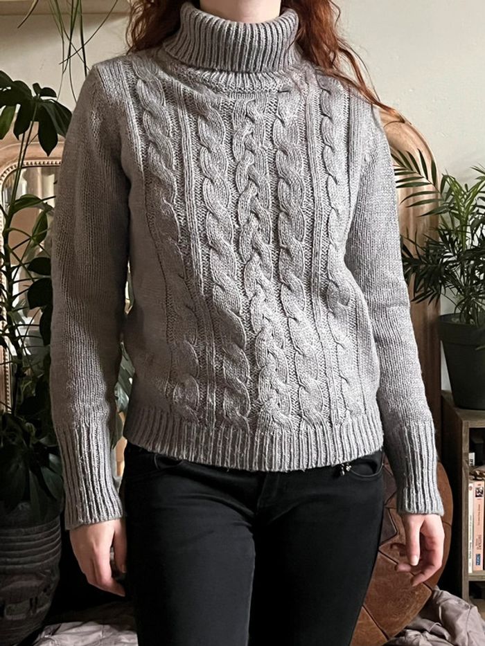 Pull d’hiver col roulé en maille avec motifs - gris clair - photo numéro 3