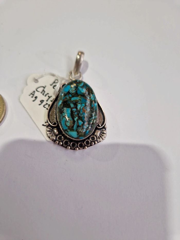Pendentif Chrysocolle cuivre argent 925 - photo numéro 2