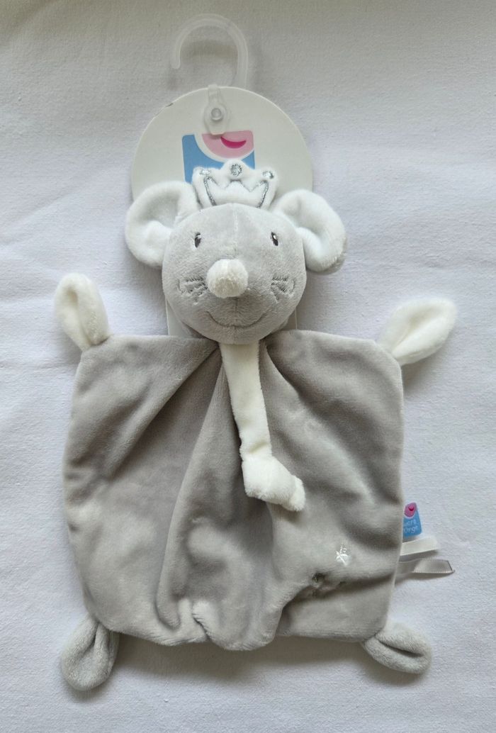 Doudou plat souris grise avec couronne - Sucre d'orge