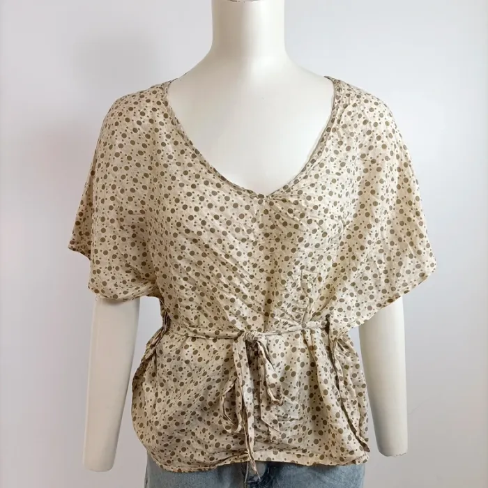 Haut fluide Somewhere imprimé pois beige noué à la taille, col V, T40 A1577
