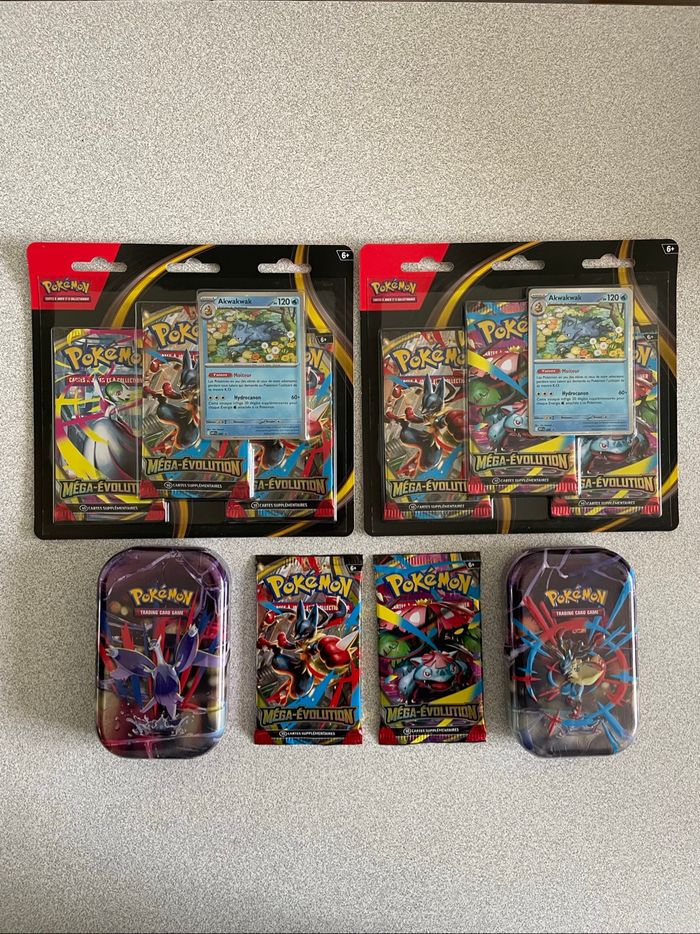 Lot Mini Tin + Booster + Tripack Pokémon Méga Évolution (ME01/EV11)