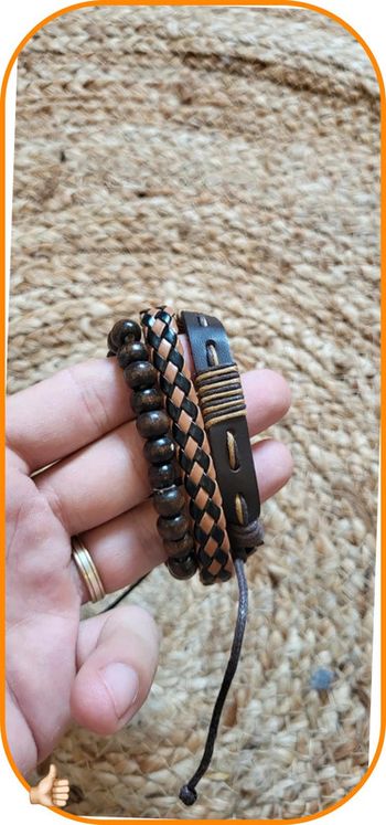 Lot de bracelets homme – cuir, perles bois & tressé - Très bon état - Marron et Noir